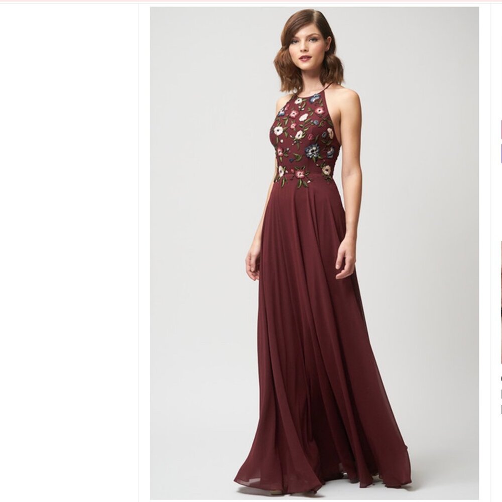 Jenny Yoo Size 10 Burgundy Embroidered Halter Top Sophie Formal Dress